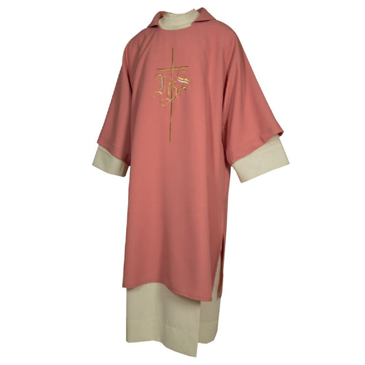 Deacon Dalmatic rose with cross and IHS embroidery Made in Italy and sold by The Clergy Store