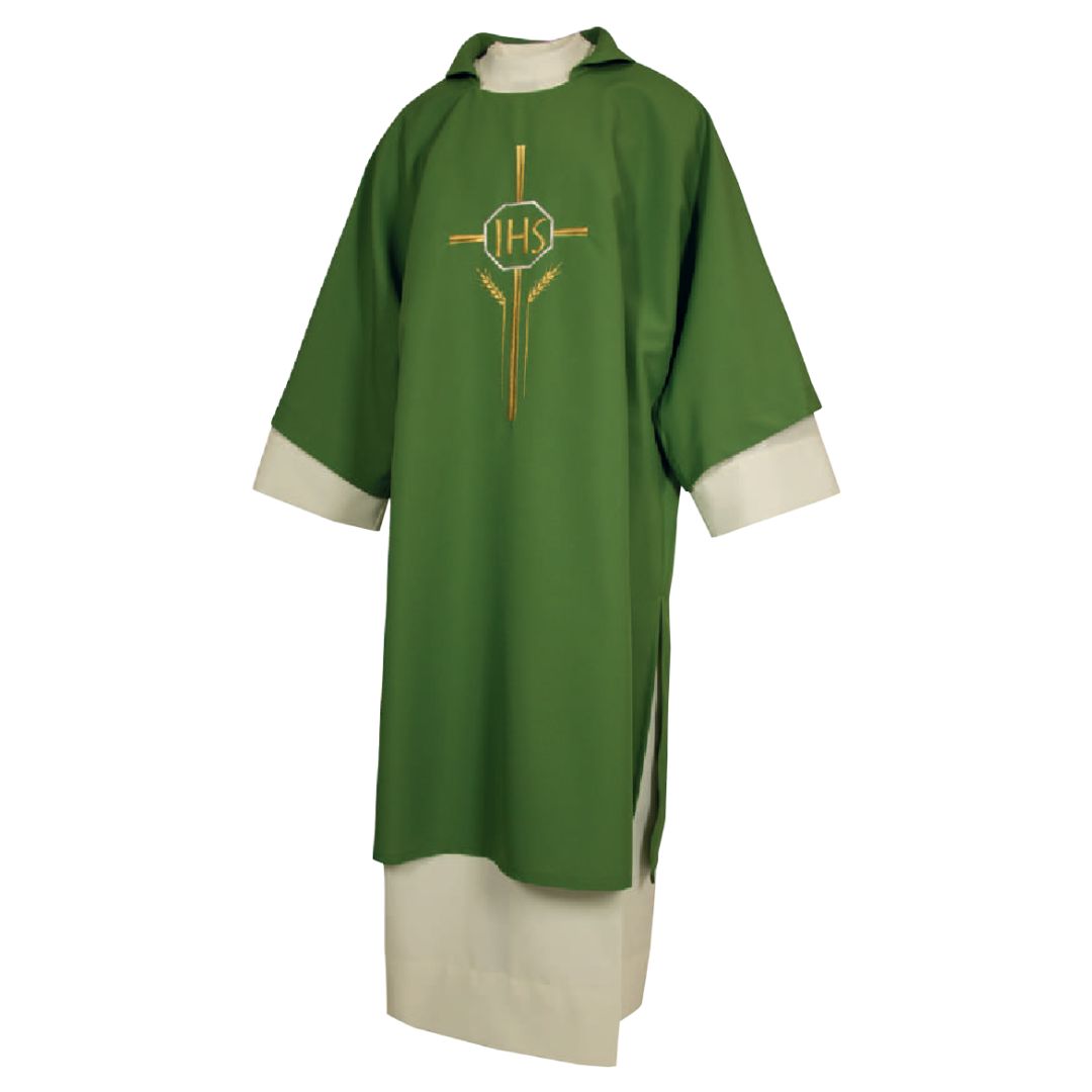 Deacon Dalmatic green with IHS embroidery Made n Italy and sold by The Clergy Store