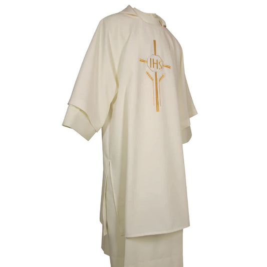 Deacon Dalmatic ivory with IHS embroidery Made n Italy and sold by The Clergy Store