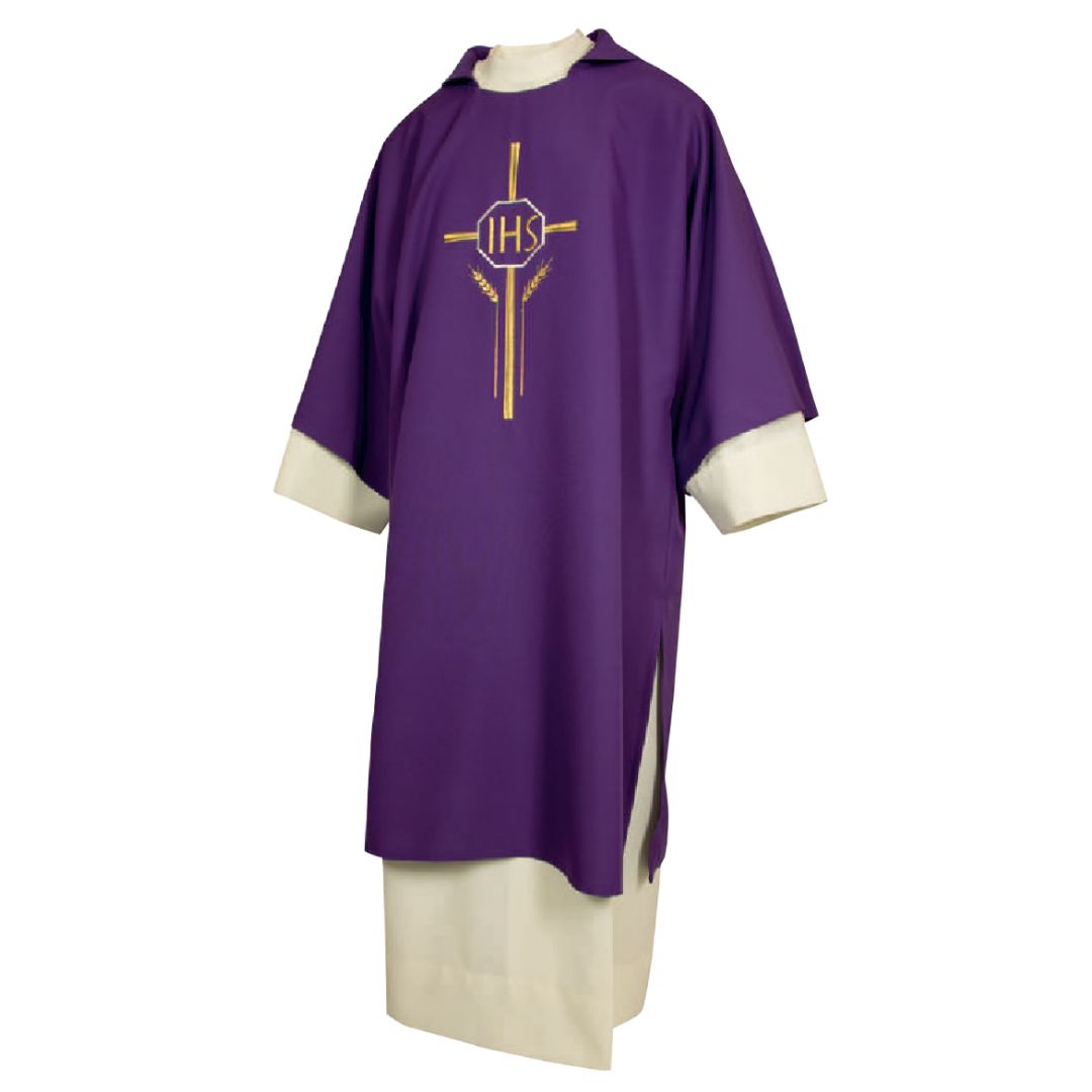 Deacon Dalmatic purple with IHS embroidery Made n Italy and sold by The Clergy Store