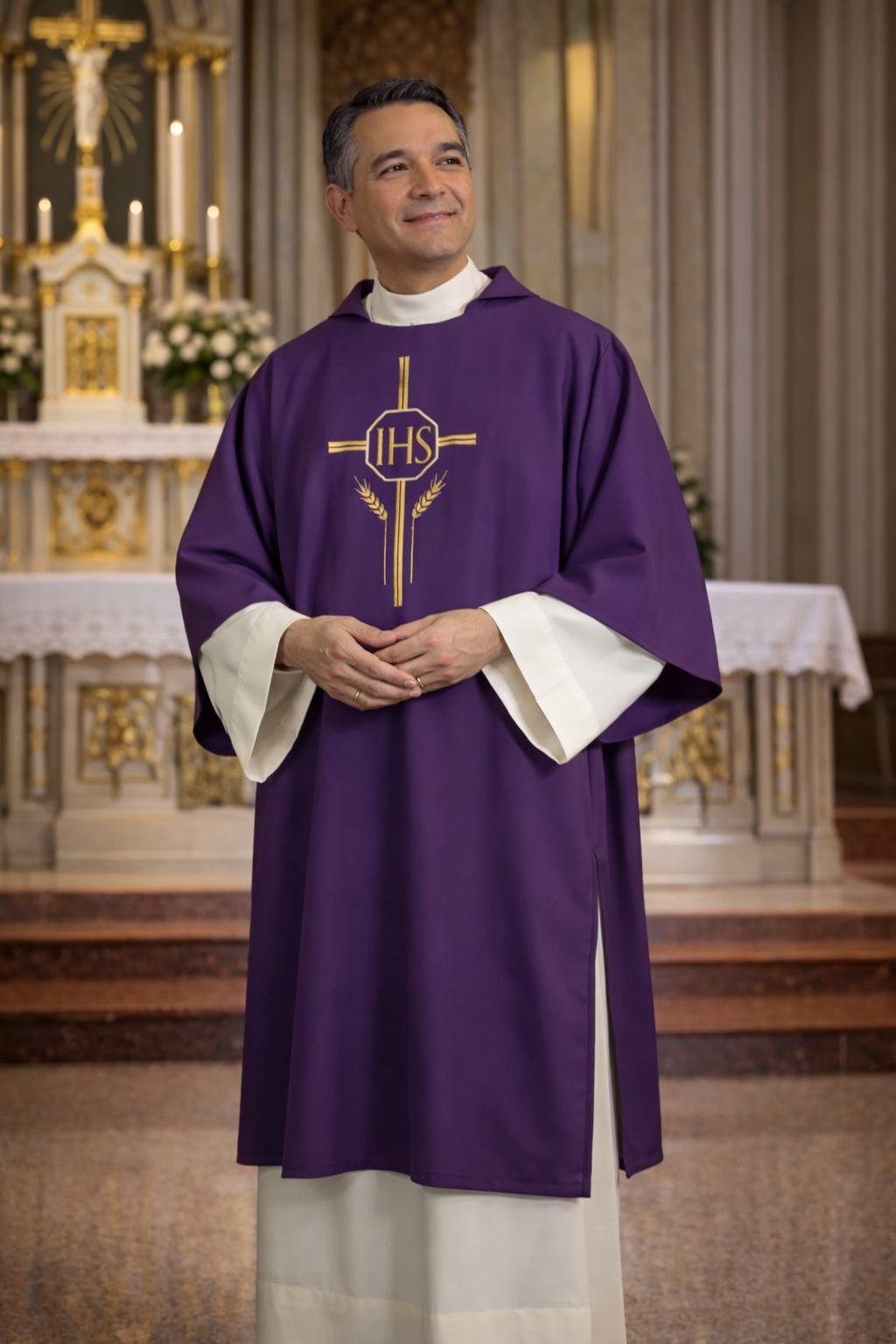 Deacon in purple vestment with IHS symbol in a church setting