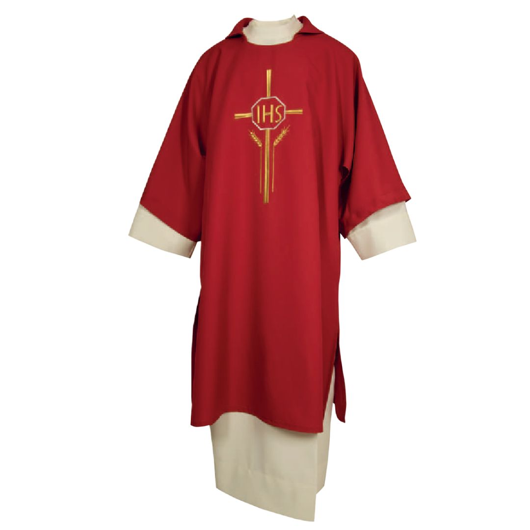 Deacon Dalmatic red with IHS embroidery Made n Italy and sold by The Clergy Storeed