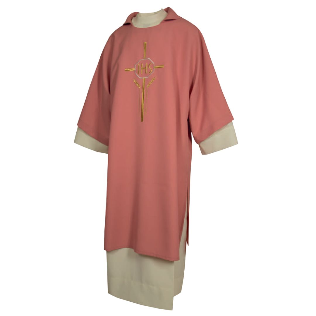 Deacon Dalmatic rose with IHS embroidery Made n Italy and sold by The Clergy Store