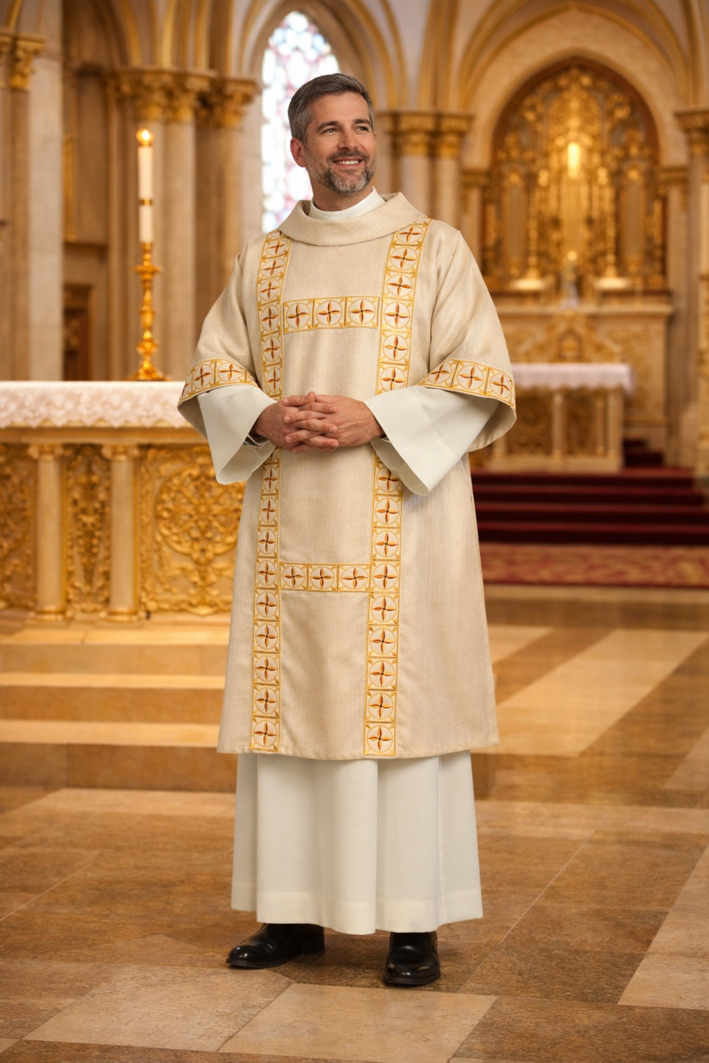 Deacon in a lurex liturgical dalmatic standing in a cathedral