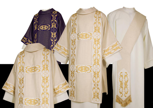 Dalmatic with gold embroidered filigree banding A3580