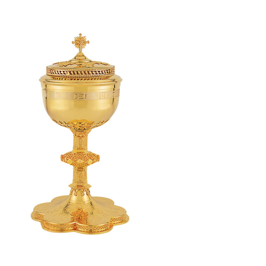 Ciborium in neo-gothic style with engraved images of the Mother of God  Jesus and the Evangelists, 11 3/4” Ht. Sold by The Clergy Store