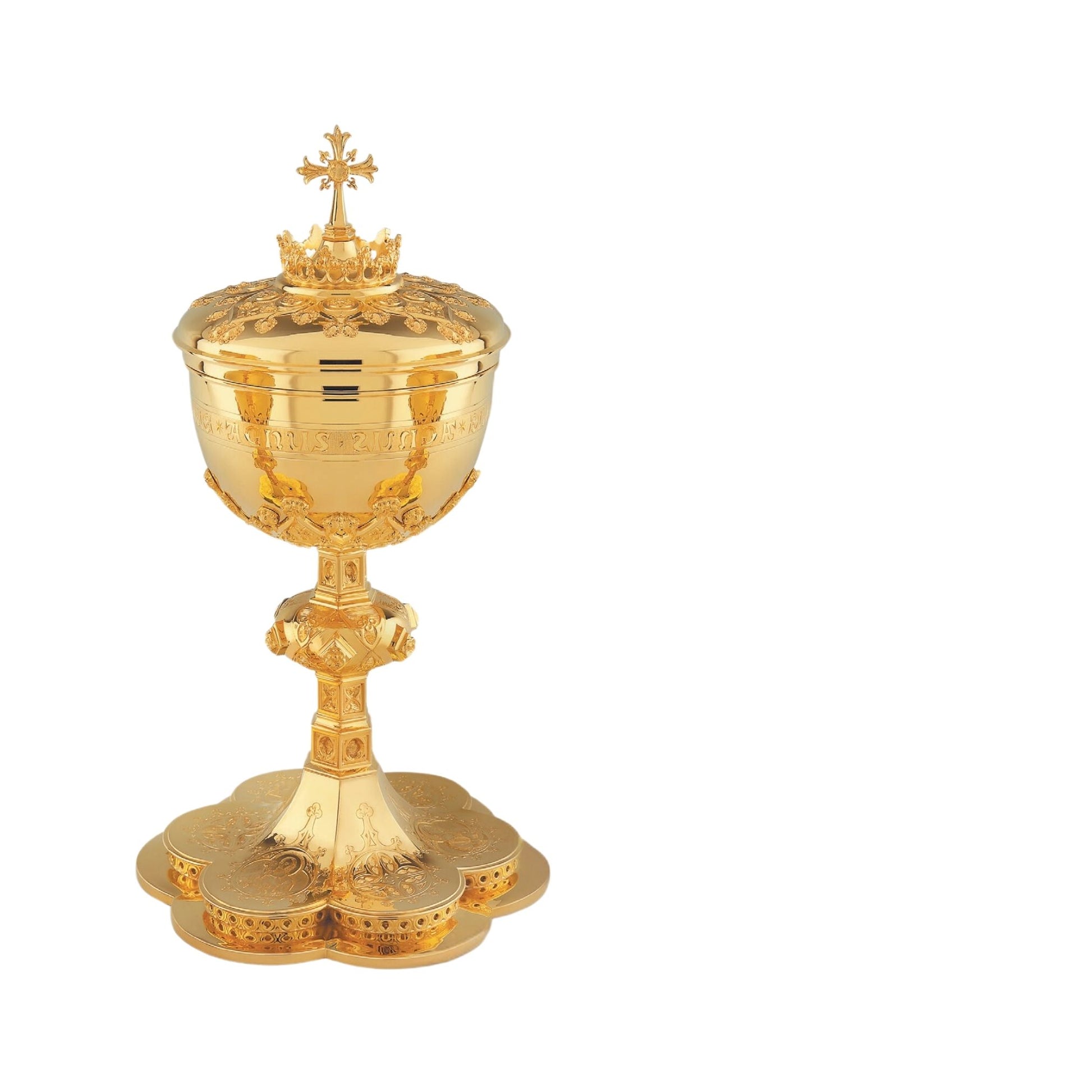 Ciborium in neo-gothic style with engraved images of the Holy Family and cup inscription: “ECCE AGNUS DEI QUI TOLLIT  PECCATA  MUNDI”  sold by The Clergy Store