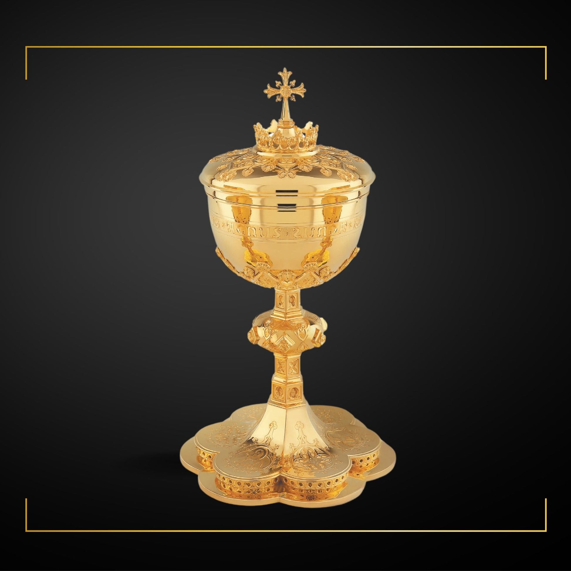 Ciborium in neo-gothic style with engraved images of the Holy Family and cup inscription: “ECCE AGNUS DEI QUI TOLLIT  PECCATA  MUNDI”  sold by The Clergy Store