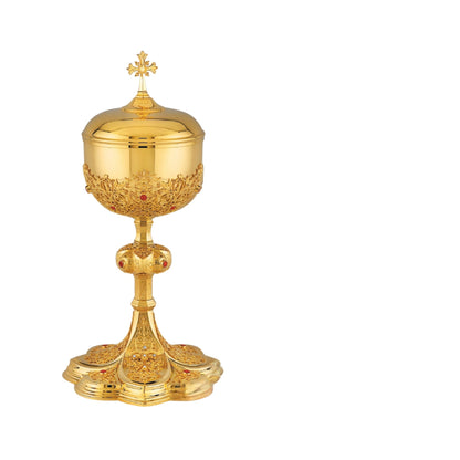 Ciborium in neo-gothic style inspired by French chalices from the late 19th and the early 20th centuries. Sold by The Clergy Store