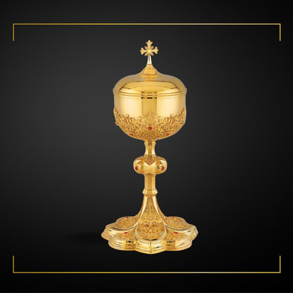 Ciborium in neo-gothic style inspired by French chalices from the late 19th and the early 20th centuries. Sold by The Clergy Store