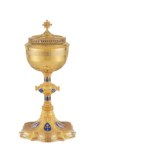 Ciborium with cup inscription: “ECCE AGNUS DEI QUI TOLLIT  PECCATA  MUNDI”,  12” Ht.  , 200 Hosts. Sold by The Clergy Store