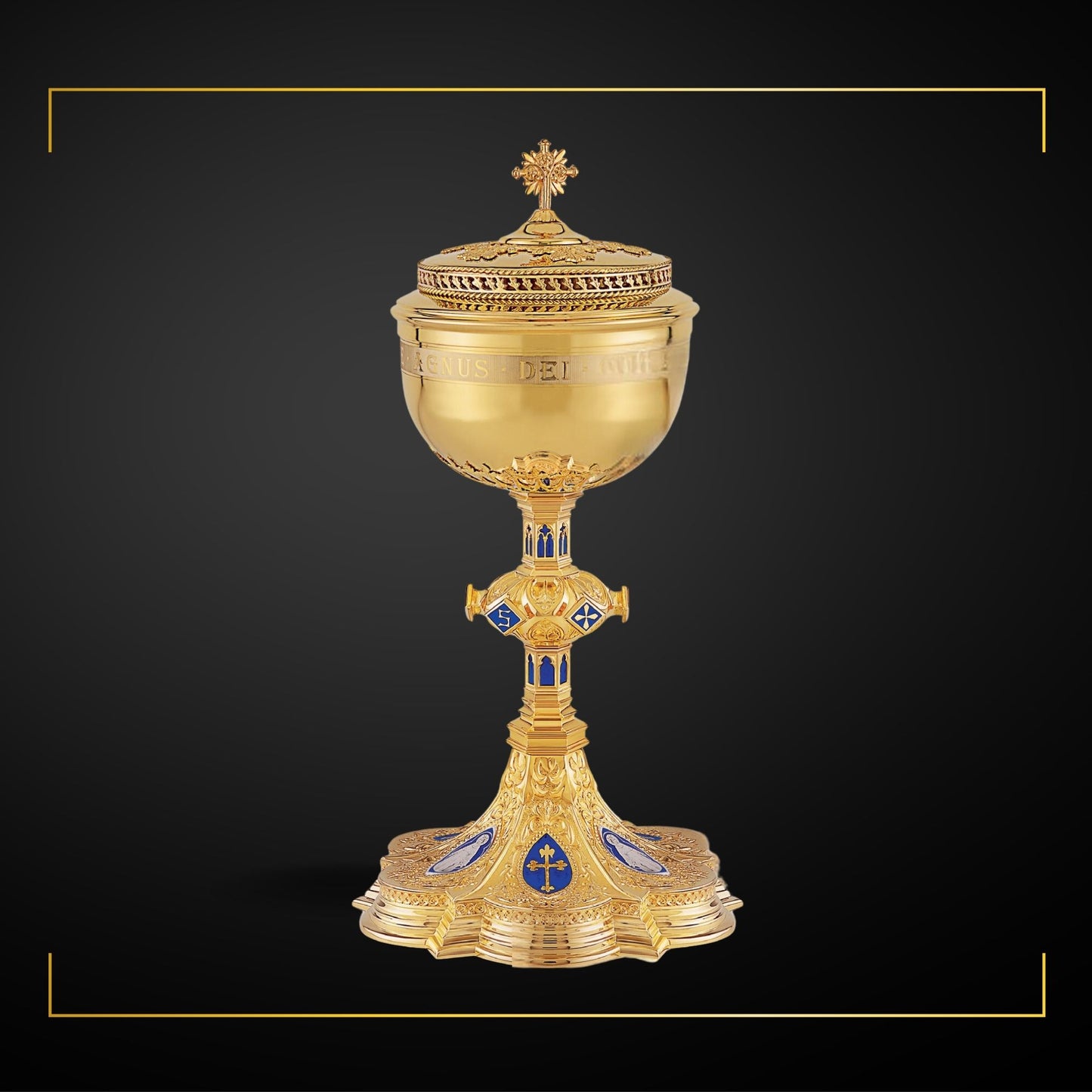 Ciborium with cup inscription: “ECCE AGNUS DEI QUI TOLLIT  PECCATA  MUNDI”,  12” Ht.  , 200 Hosts. Sold by The Clergy Store