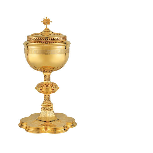 Ciborium neo-gothic style with engraved images of the Crucifixion, the Mother of God and saints: Peter, Paul, John and Joseph,&nbsp; with cup inscription: “ECCE AGNUS DEI QUI TOLLIT PECCATA MUNDI” Sold by The Clergy Store