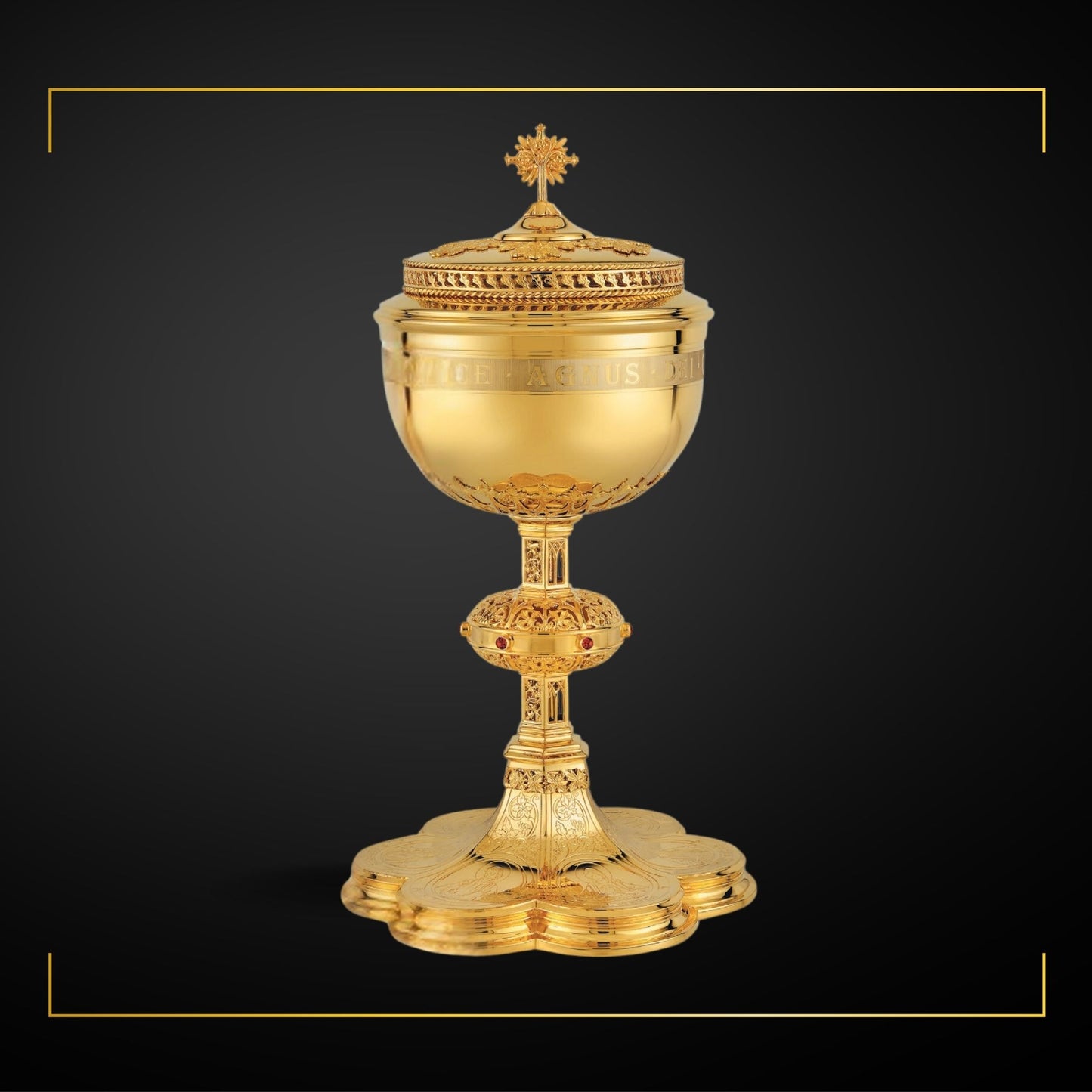 Ciborium neo-gothic style with engraved images of the Crucifixion, the Mother of God and saints: Peter, Paul, John and Joseph,&nbsp; with cup inscription: “ECCE AGNUS DEI QUI TOLLIT PECCATA MUNDI” Sold by The Clergy Store