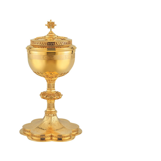 Ciborium in neo-gothic style with engraved images saints and 
cup inscription: “ECCE AGNUS DEI QUI TOLLIT PECCATA MUNDI” , 11 1/4” Ht. , 200  Hosts The Clergy Store