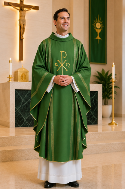 A man wearing a green liturgical vestment with gold trim and a white underlayer stands in a church setting with candles, a crucifix, and altar visible in the background.