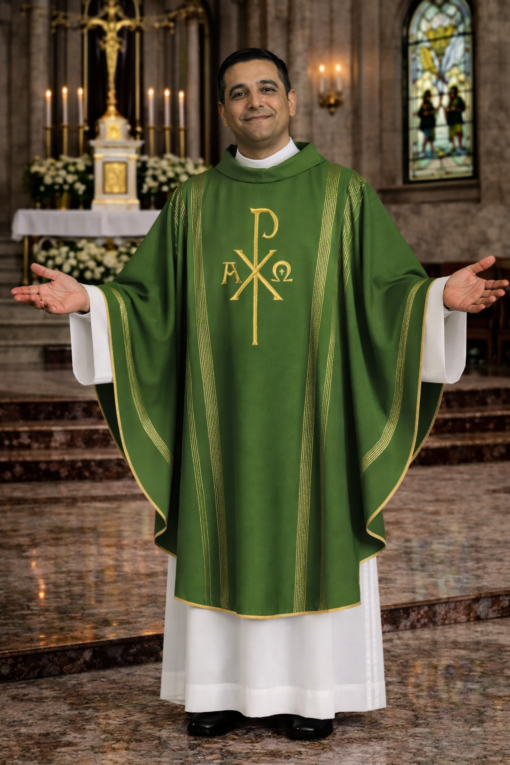 Priest in green liturgical vestment with Chi Rho symbol in a church setting