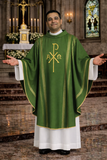 Priest in green liturgical vestment with Chi Rho symbol in a church setting