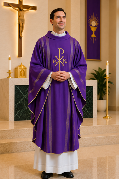 A man wearing a purple and white liturgical vestment stands in a church setting with a crucifix, altar, candles, and decorative wall art in the background.