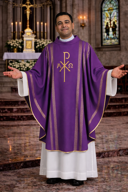 Priest in purple vestment with religious symbols in a church setting