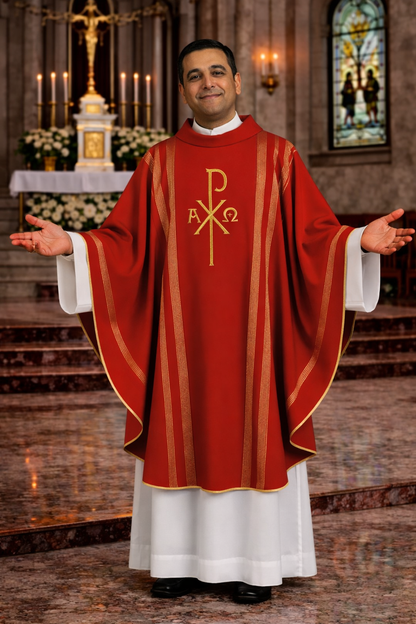 Priest in red liturgical vestments with a church interior background