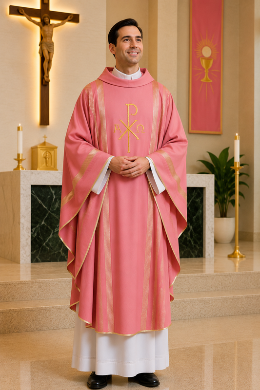 A man wearing a pink and gold Catholic priest's chasuble vestment stands in a church setting with a crucifix and altar in the background.