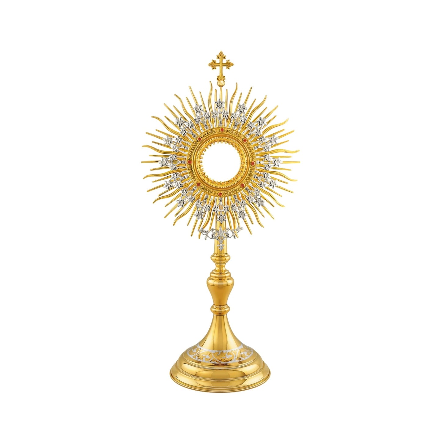 Brass monstrance, 24-karat gold-plated with silver-plated accents. Made in traditional style, which makes it suitable for use in both historical and modern interiors. The sunburst consists of two layers: a layer of gold-plated rays and a silver-plated wreath with flowers. The opening for the luna is surrounded by a decorative pattern encrusted with red stones. The monstrance is topped with a cross. The round base is adorned with a silver-plated floral design.