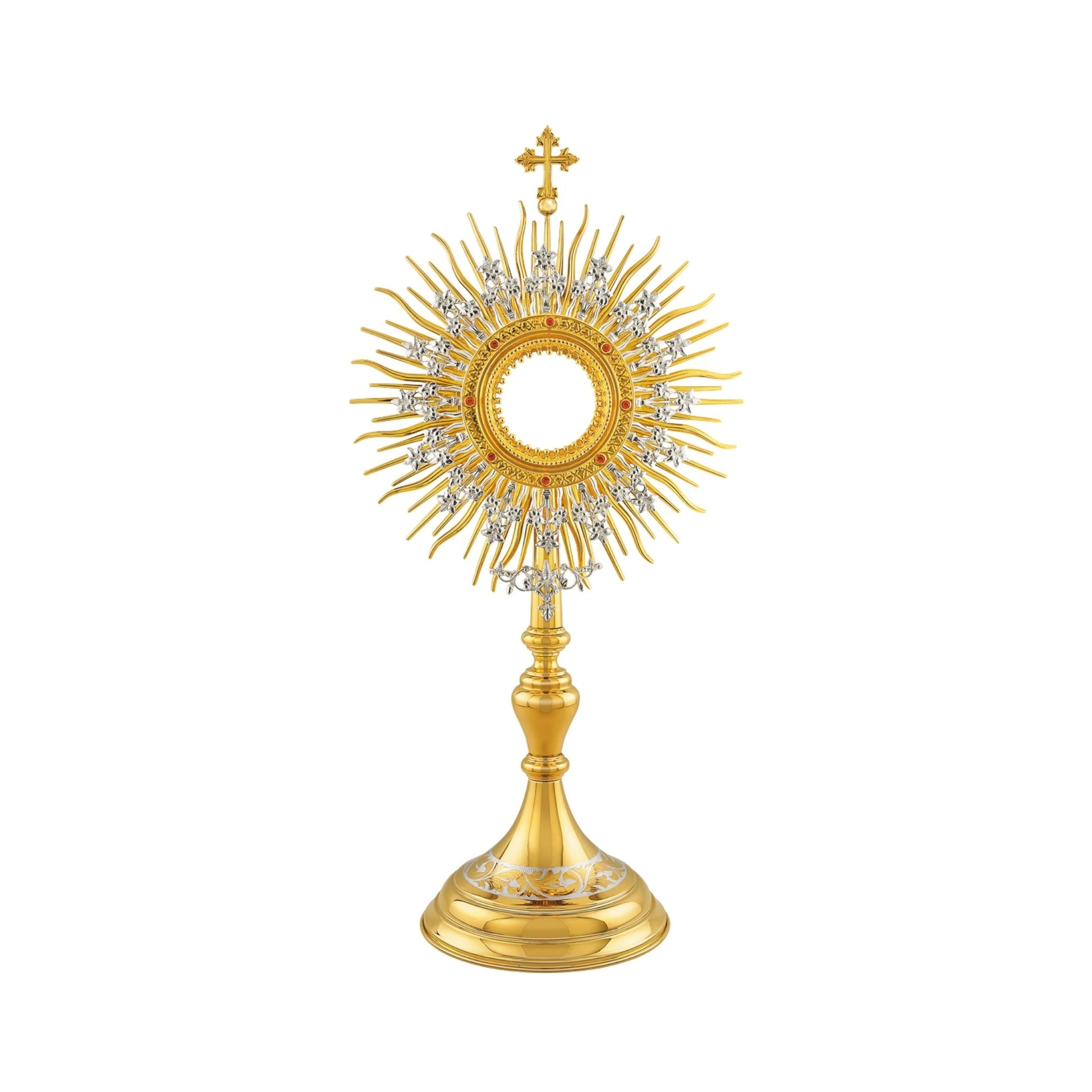 Brass monstrance, 24-karat gold-plated with silver-plated accents. Made in traditional style, which makes it suitable for use in both historical and modern interiors. The sunburst consists of two layers: a layer of gold-plated rays and a silver-plated wreath with flowers. The opening for the luna is surrounded by a decorative pattern encrusted with red stones. The monstrance is topped with a cross. The round base is adorned with a silver-plated floral design.