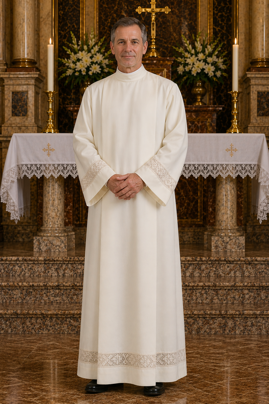 Clergy Alb Ivory with Zipper on the Shoulder. 100% Polyester. Lace insert. Made in Italy and sold by The Clergy Store
