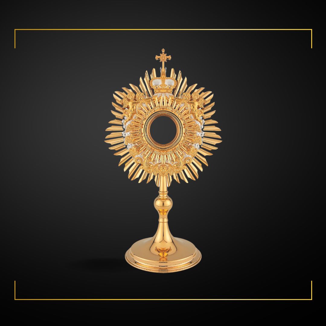 Monstrance brass gold plated with glass luna. Made in Poland and sold by The Clergy Store