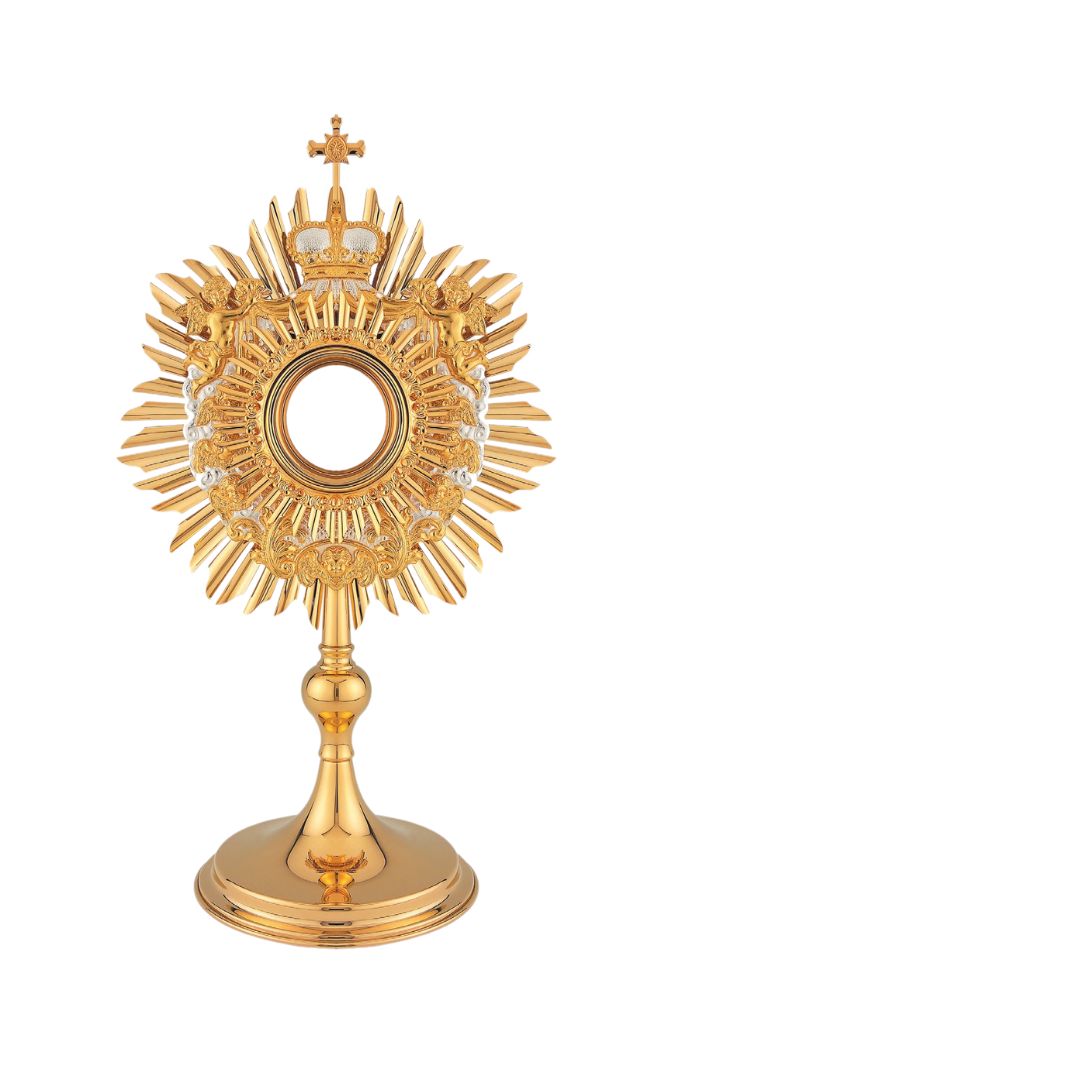 Monstrance brass gold plated with glass luna. Made in Poland and sold by The Clergy Store