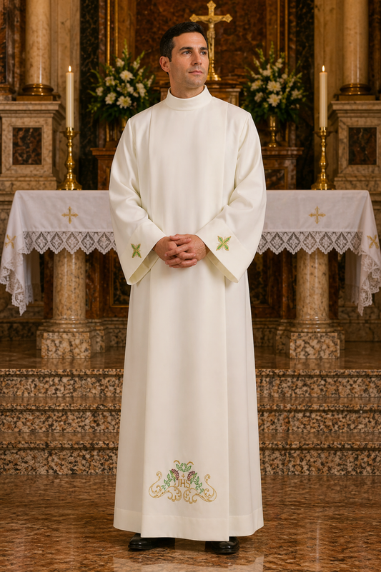 Clergy Alb Ivory with Zipper on the Shoulder. 100% Polyester. Embroidered IHS. Made in Italy and sold by The Clergy Store