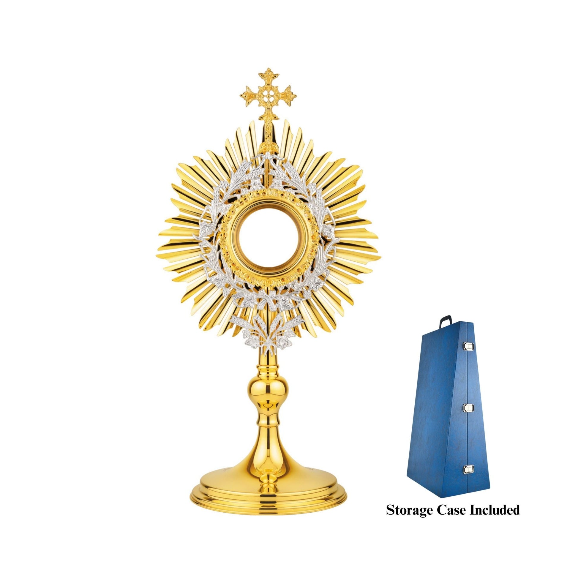 Brass monstrance in traditional style, 24-karat gold plated with silver-plated accents. The sunburst is topped with a decorative cross. Gold-rimmed luna case is surrounded by a silver-plated wreath of wheat and grapevine leaves. An ornament shaped as a bouquet of wheat is attached to the bottom of the glory. The design of this monstrance makes it suitable for use in both historical and modern interiors.