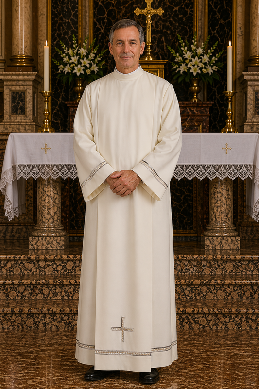 Clergy alb with hand embroidered hemstitch on the sleeve and bottom. Made of Wool blend. Zipper on the shoulder. Made in Italy and sold by The Clergy Store