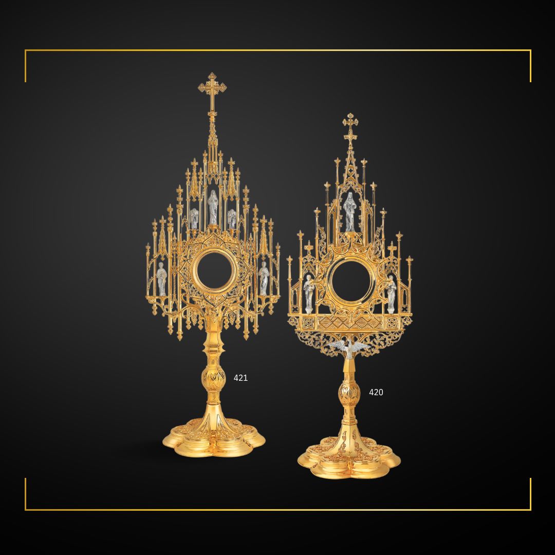 Neo-Gothic Monstrance with Jesus Christ, St. Peter, St. Paul and the Holy Spirit. Made in Poland and sold by The Clergy Store