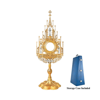 Experience the impeccable artistry and cultural importance displayed in our neo-Gothic Monstrances. Details: Featuring a luxurious Brass Gold Plated finish, Monstrance 420 stands at a majestic height of 22 7/8", adorned with figures of Jesus Christ, St. Peter, St. Paul, and the Holy Spirit. Meanwhile, Sold by The Clergy Store
