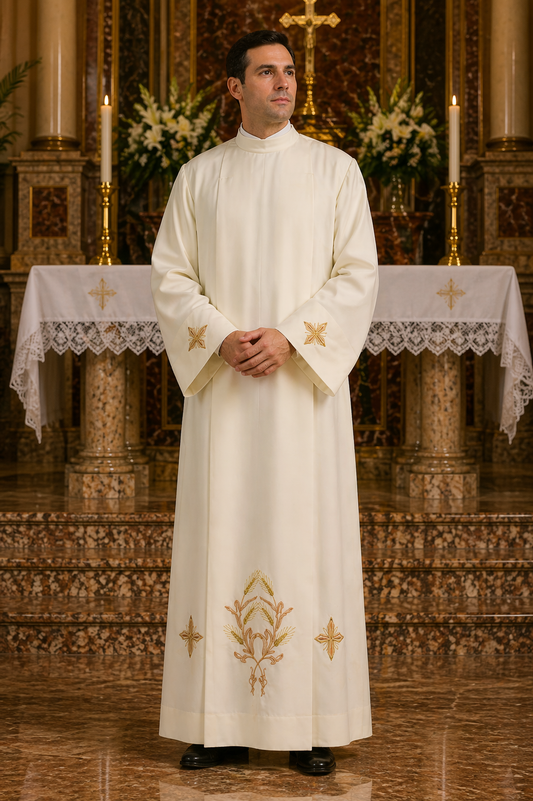 Clergy Alb Ivory with Zipper on the Shoulder. 100% Polyester. Embroidered Stalk of Wheat and Crosses. Made in Italy and sold by The Clergy Store