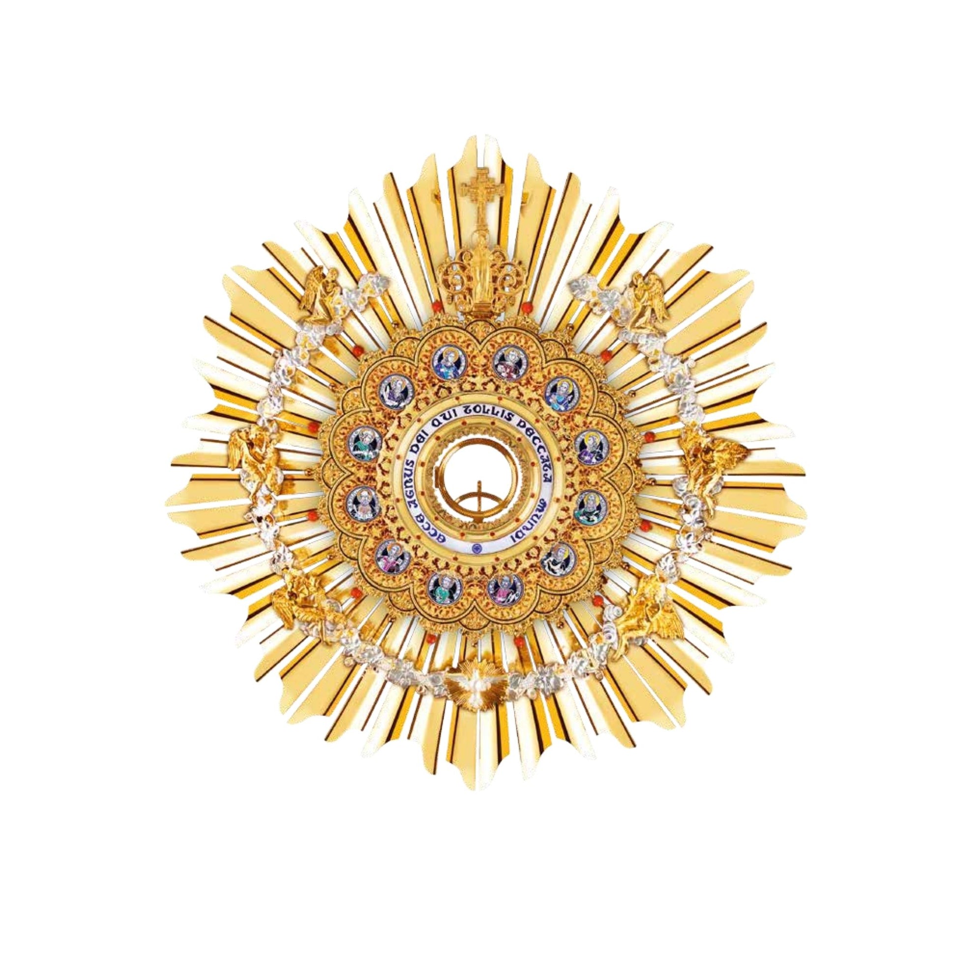 Brass hanging monstrance, 24-karat gold-plated with red stones and enameled accents, inspired by German models from the late XIX and early XX centuries. The magnificent glory consists of a sunburst and a layer of ornate open filigrees with medallions depicting the Apostles. The gold-rimmed luna case has a blue-enameled Latin inscription: “Ecce Agnus dei Qui Tollis Peccata Mundi”. The stem and the node are decorated with fine filigrees. Medallions on the round base feature symbols of the Evangelists. All med