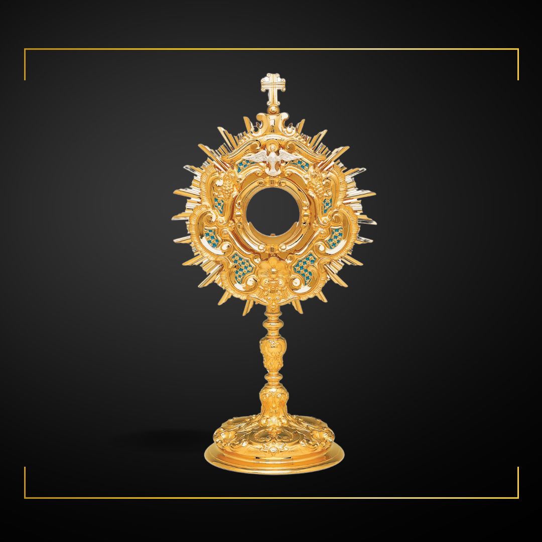 Traditional Monstrance 24-Karat Gold Plated Style 432. Made in Poland and sold by The Clergy Store