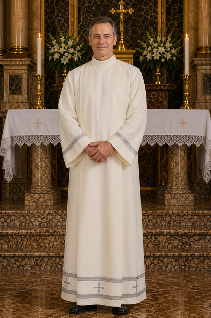 Clerical slip over alb in off-white with grey hemstitching around the bottom and sleeves and zipper on the shoulder