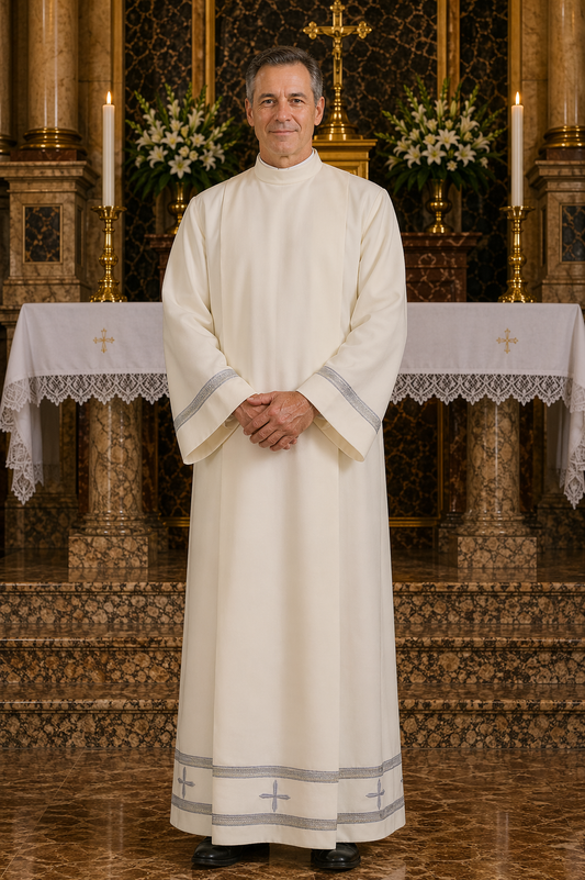 Clerical slip over alb in off-white with grey hemstitching around the bottom and sleeves and zipper on the shoulder