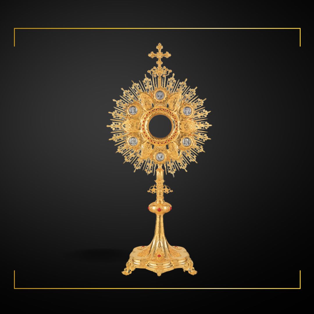 Traditional Monstrance 24-Karat Gold Plated Style 443 . Made in Poland and sold by The Clergy Store