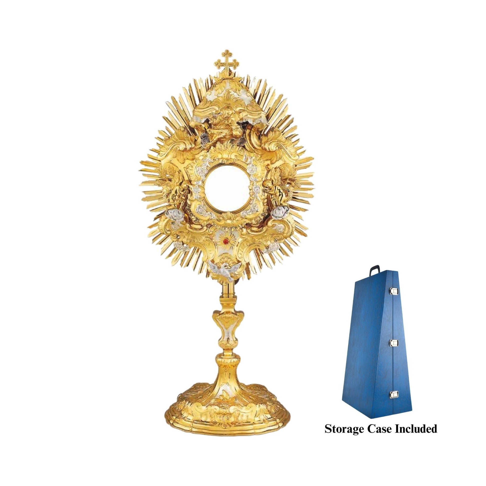 Richly adorned Baroque brass monstrance, 24-karat gold-plated with silver-plated accents. The sunburst is adorned with figures of God the Father, the Holy Spirit and angels. The node and the oval base are embellished with decorative patterns featuring grapevine and wheat motifs.
 
The monstrance is coated with a protective layer that shields it against humidity, fingerprints and other harmful factors. It also protects silver from darkening. 
