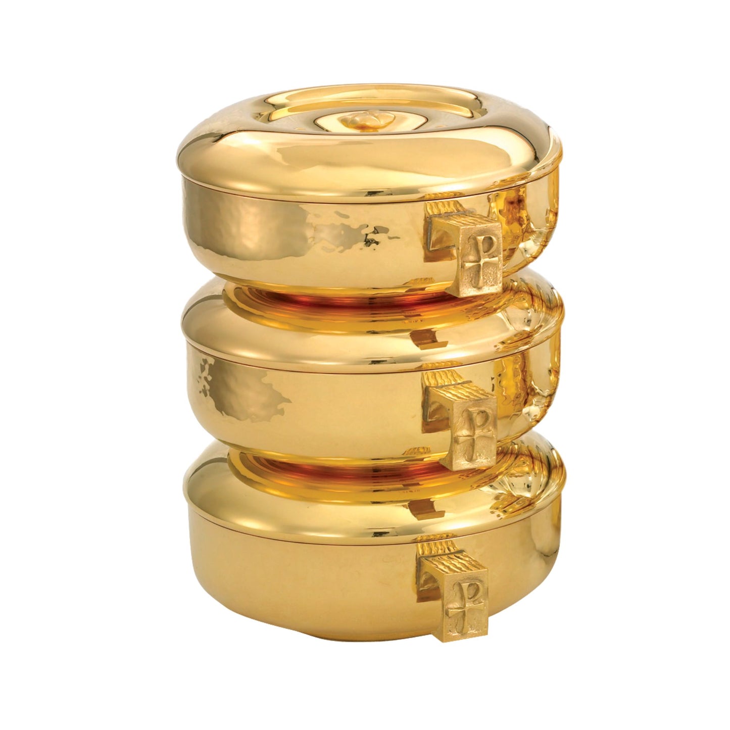 Gold or silver plated stacking ciboria designed for Catholic liturgical use and the reverent distribution of the Blessed Sacrament.