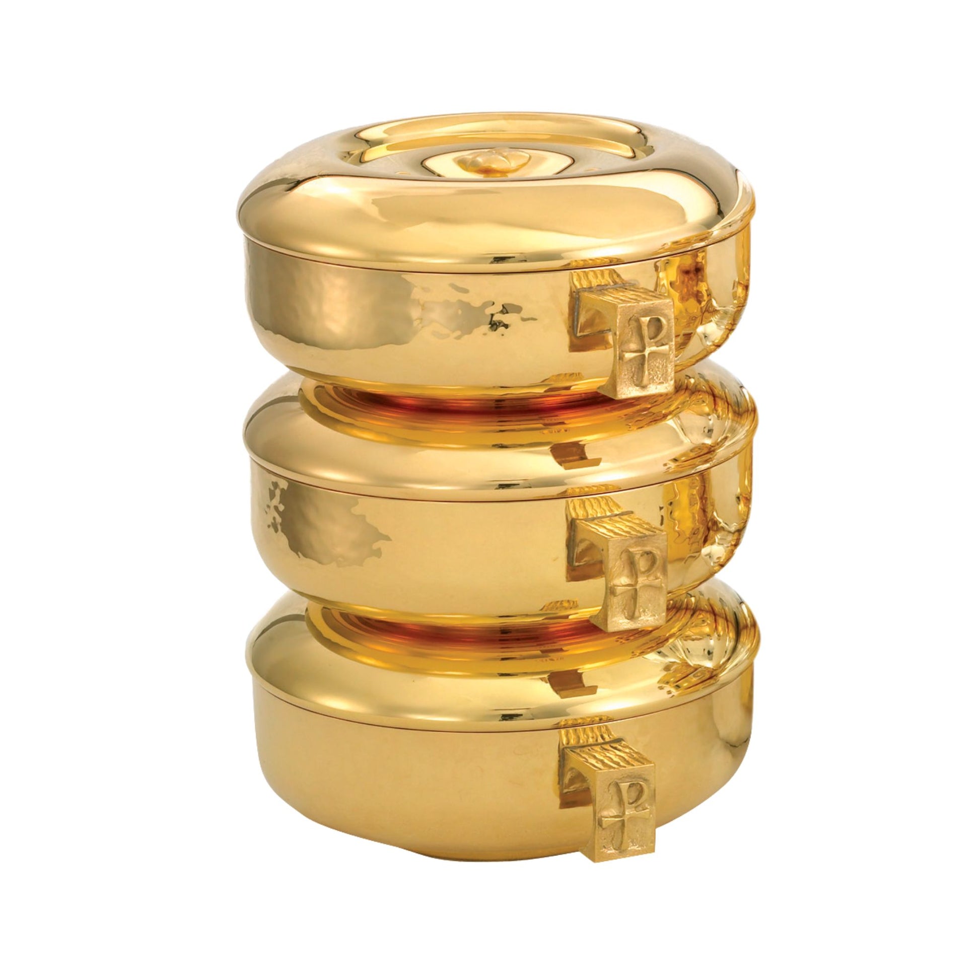 Gold or silver plated stacking ciboria designed for Catholic liturgical use and the reverent distribution of the Blessed Sacrament.