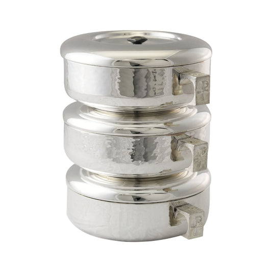 Gold or silver plated stacking ciboria designed for Catholic liturgical use and the reverent distribution of the Blessed Sacrament.