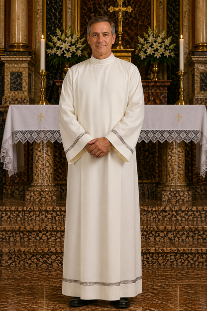Clerical slip over alb in off-white with grey hemstitching around the bottom and sleeves and zipper on the shoulder.