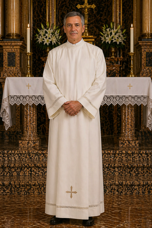 Clergy alb with machine embroidered hemstitch on the sleeve and bottom. Made of Wool blend. Zipper on the shoulder. Made in Italy and sold by The Clergy Store