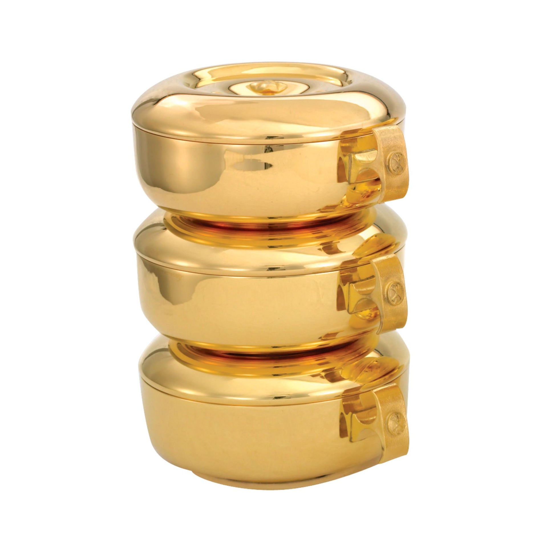 Gold or silver plated stacking ciboria designed for Catholic liturgical use and the reverent distribution of the Blessed Sacrament.