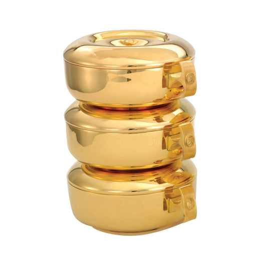 Gold or silver plated stacking ciboria designed for Catholic liturgical use and the reverent distribution of the Blessed Sacrament.